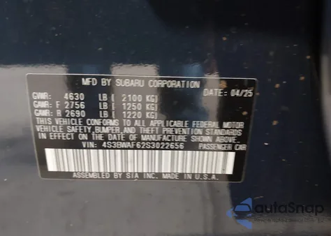 2025 Subaru Legacy Premium из США, поврежденный, VIN 4S3BWAF62S3022656